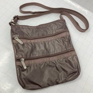 LeSportsac 3 zip adjustable cross body rose / mauvey purple color silver zips